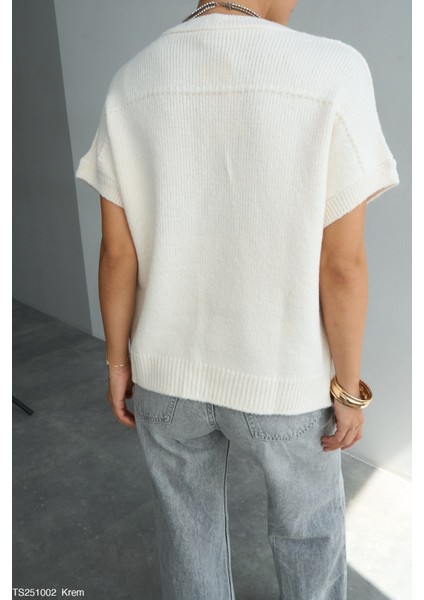 Kadın V Yaka Kısa Kol Triko Süveter fiyatları