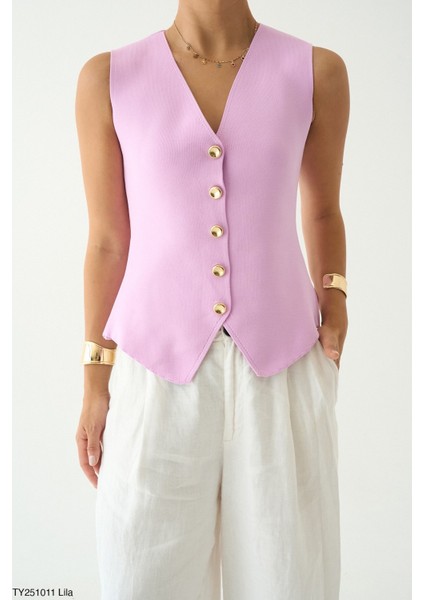 Kadın Altın Düğmeli V Yaka Kolsuz Triko Yelek