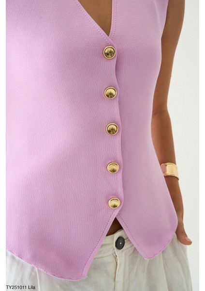 Kadın Altın Düğmeli V Yaka Kolsuz Triko Yelek fiyatları