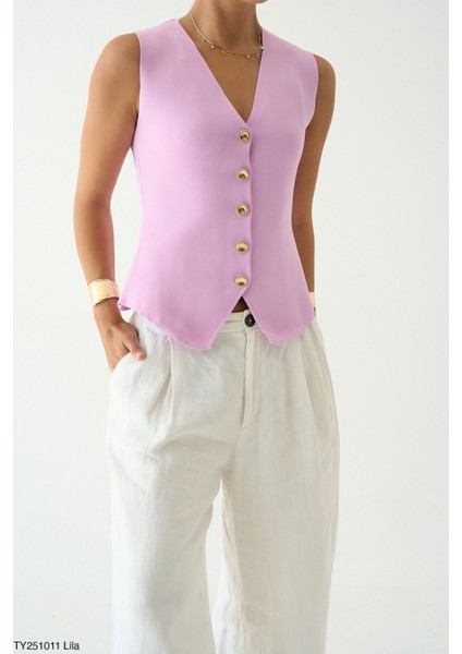 Kadın Altın Düğmeli V Yaka Kolsuz Triko Yelek modelleri