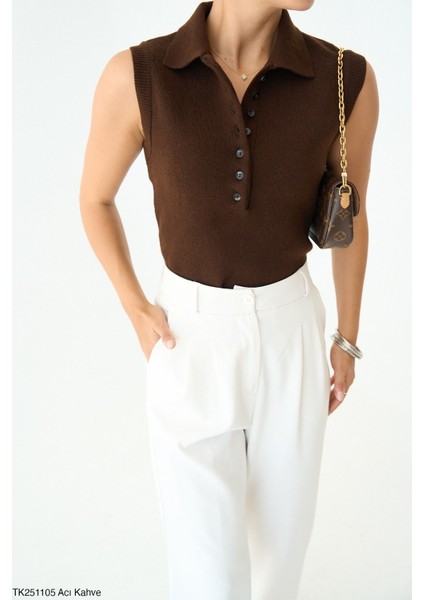 Kadın Erkek Yaka Kolsuz Yarım Düğmeli Kazak