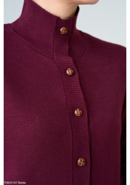 Kadın Dik Yaka Düğmeli Basıc Kışlık Hırka