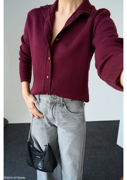 Kadın Dik Yaka Düğmeli Basıc Kışlık Hırka modelleri