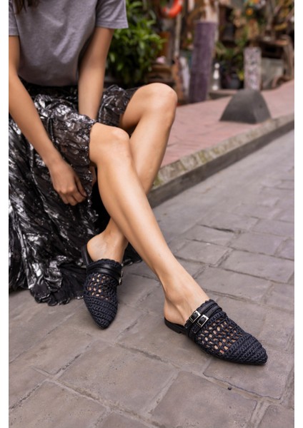 Raffia Kadin Siyah Örgu Kemerli Hasir Terlik