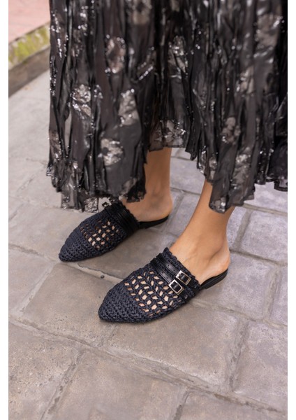 Raffia Kadin Siyah Örgu Kemerli Hasir Terlik modelleri