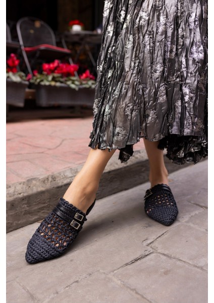 Raffia Kadin Siyah Örgu Kemerli Hasir Terlik