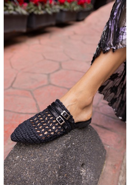 Raffia Kadin Siyah Örgu Kemerli Hasir Terlik