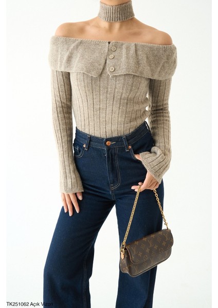 Kadın Vizon Düğmeli Omuz Açık Boyun Aksesuar Detaylı Triko Kazak modelleri
