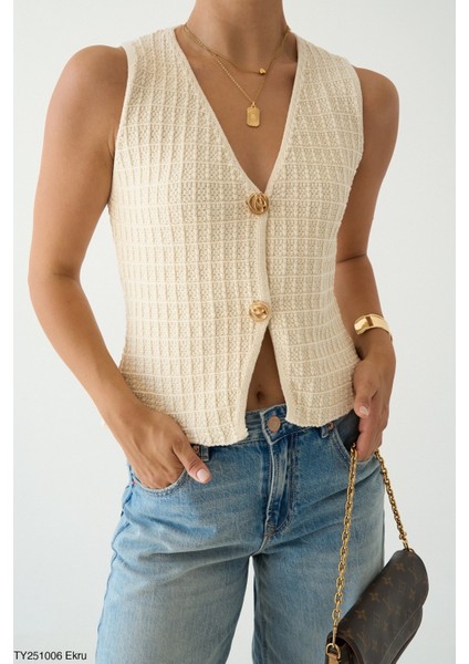 Kadın Kare Desen Düğmeli Triko Yelek fiyatları