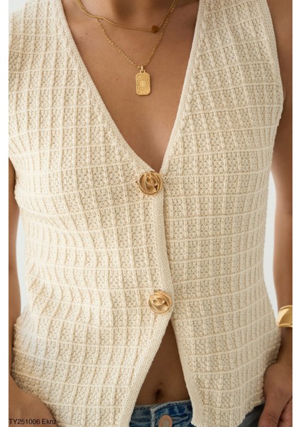 Kadın Kare Desen Düğmeli Triko Yelek modelleri