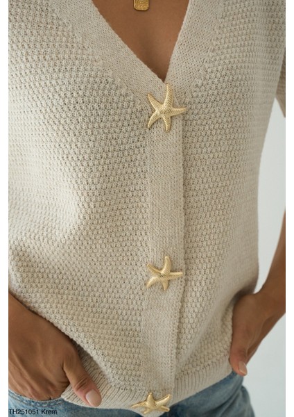 Kadın Yıldız Düğme Aksesuarlı Yarım Kol Hırka