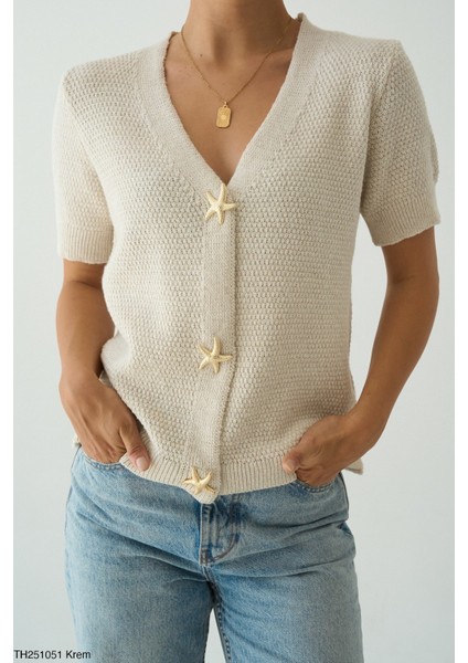 Kadın Yıldız Düğme Aksesuarlı Yarım Kol Hırka fiyatları