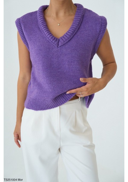 Kadın V Yaka Kısa Kol Triko Süveter