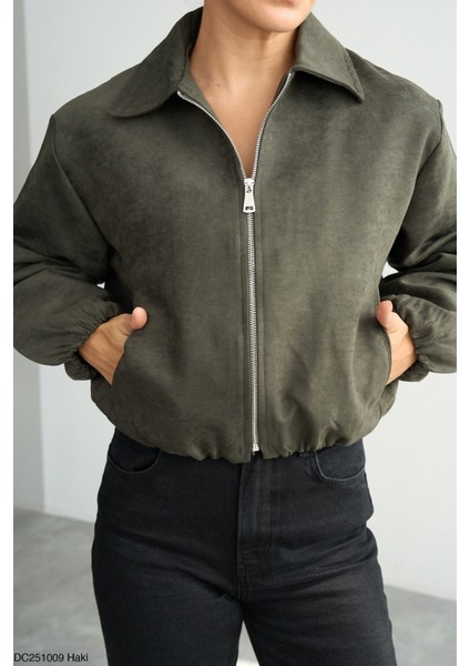 Kadın Kısa Fermuarlı Bomber Basıc Sezonluk Ceket