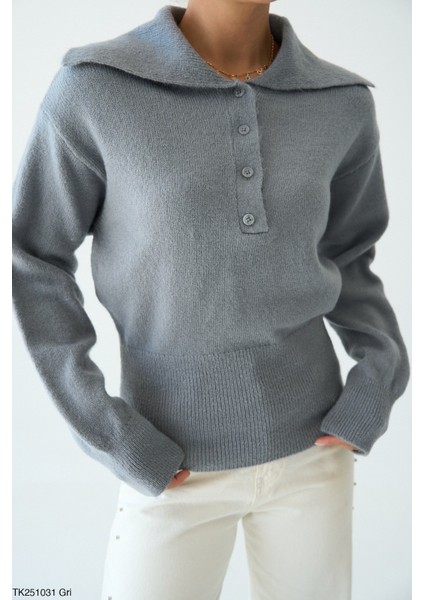 Kadın Yarım Düğmeli Basic Kışlık Trikoz Kazak