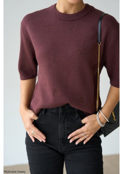 Kadın Bisiklet Yaka Kendinden Desenli Kısa Kol Kazak