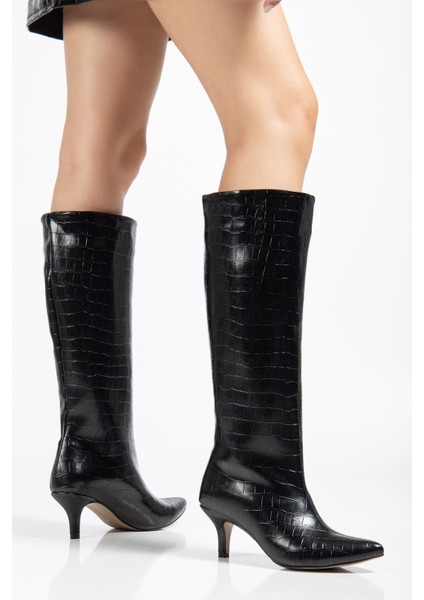 SYT-2025 Siyah Kroko Günlük Kadın Çizme modelleri