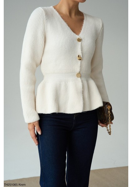 Kadın Fırfır Detaylı Basıc Fitilli Düğmeli Triko Hırka