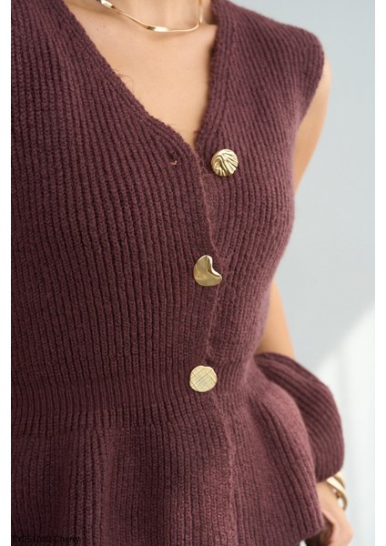 Kadın V Yaka Fırfır Detaylı Triko Yelek