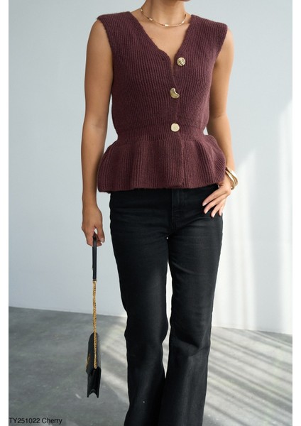 Kadın V Yaka Fırfır Detaylı Triko Yelek fiyatları