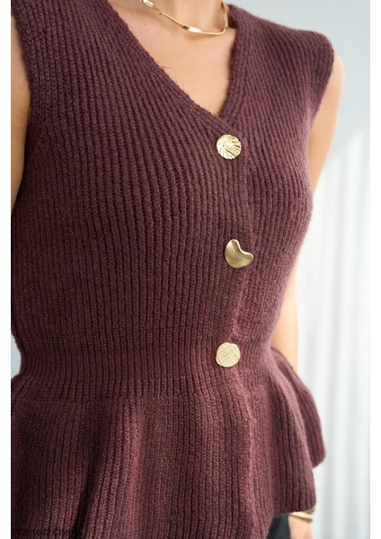 Kadın V Yaka Fırfır Detaylı Triko Yelek modelleri