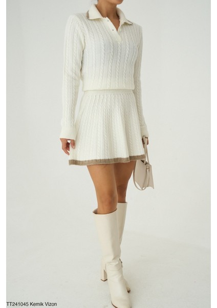 Kadın Triko Mini Etek Erkek Yakaz Kazak Ikili Takım fiyatları