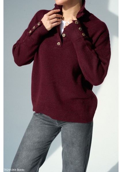 Kadın Yarım Düğmeli Boğazlı Triko Kazak fiyatları