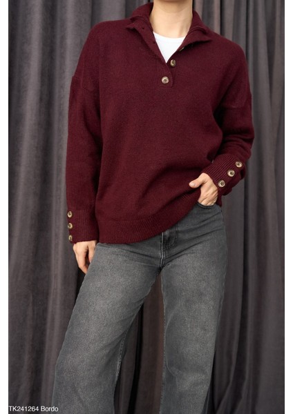 Kadın Yarım Düğmeli Boğazlı Triko Kazak modelleri