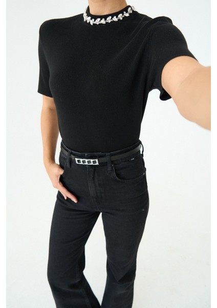 Kadın Bisiklet Yaka Taşlı Kısa Kol Kazak