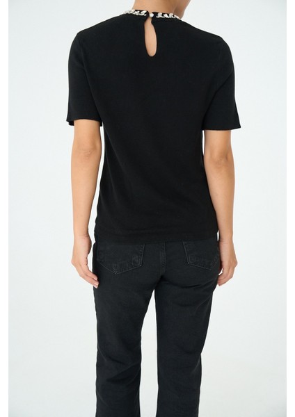 Kadın Bisiklet Yaka Taşlı Kısa Kol Kazak modelleri