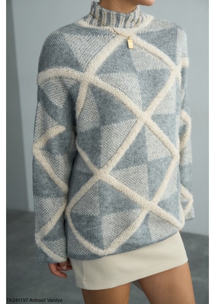 Kadın Yarım Boğaz Desenli Casual Günlük Kazak fiyatları