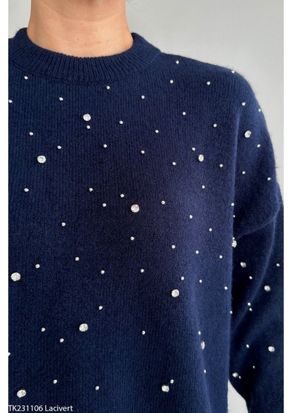 Kadın Taş Detaylı Peluş Standart Kazak