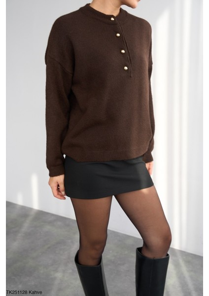 Kadın Yarım Düğmeli Bisiklet Yaka Triko Kazak modelleri