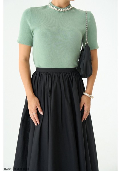 Kadın Bisiklet Yaka Taşlı Kısa Kol Kazak modelleri