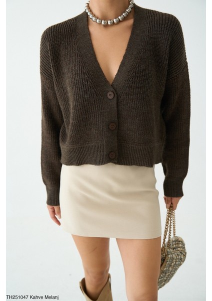 Kadın Düğmeli Standart Beden Kısa Basıc Triko Hırka