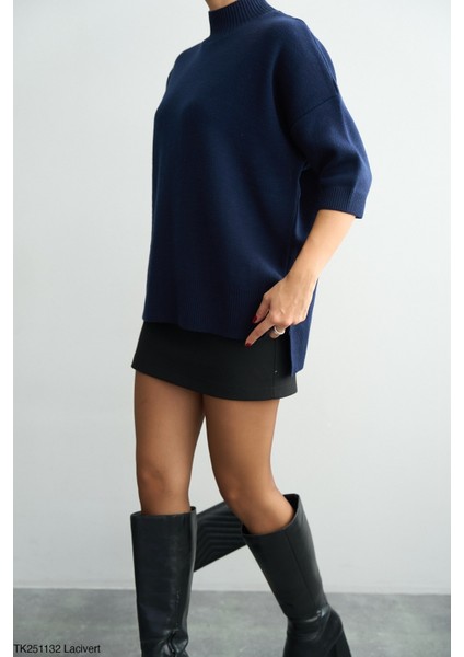 Kadın Yarım Balıkçıl Yaka Kısa Kol Kazak