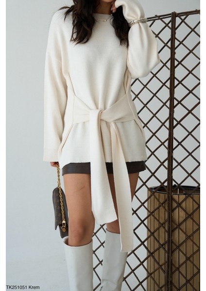 Kadın Geniş Kol Kendinden Kuşaklı Triko Kazak fiyatları