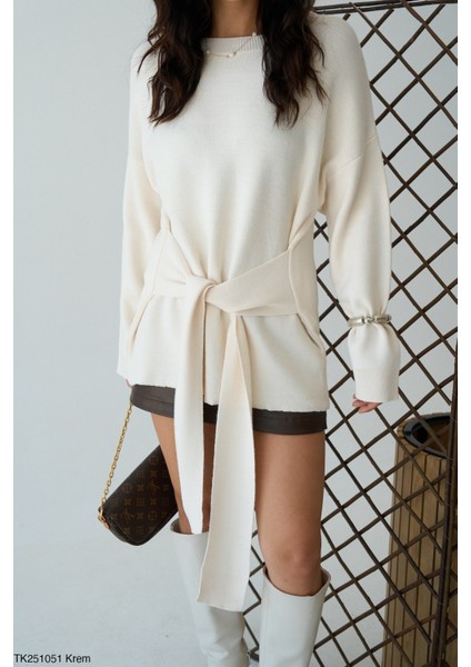 Kadın Geniş Kol Kendinden Kuşaklı Triko Kazak modelleri