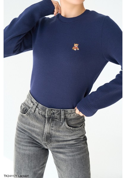 Kadın Bisiklet Yaka Nakışlı Triko Kazak