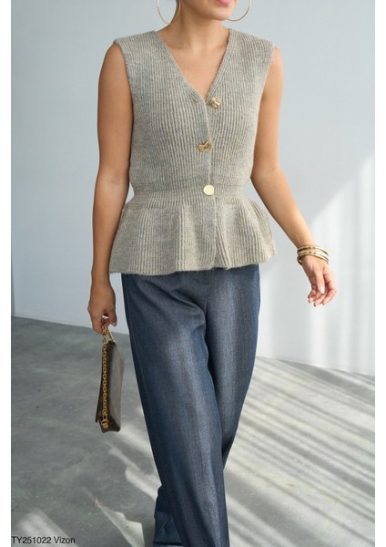 Kadın V Yaka Fırfır Detaylı Triko Yelek fiyatları