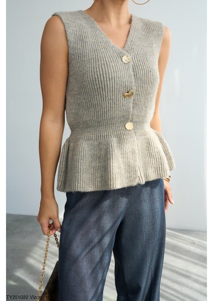 Kadın V Yaka Fırfır Detaylı Triko Yelek modelleri