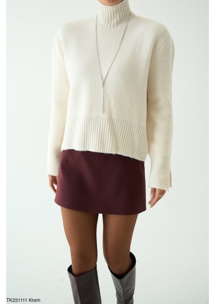 Kadın Yarm Balıkçıl Boğaz Kol Detaylı Kışlık Kazak modelleri