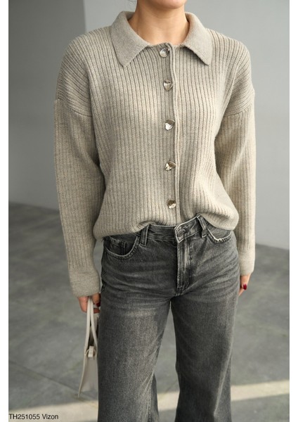 Kadın Erkek Yaka Fitilli Full Düğmeli Triko Hırka