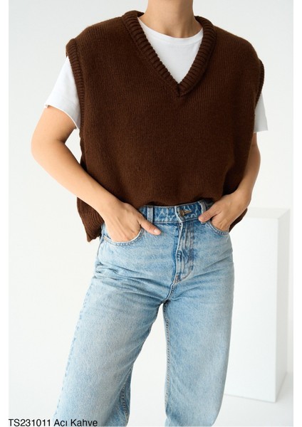 Kadın V Yaka Kısa Kol Triko Süveter
