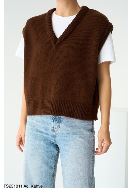 Kadın V Yaka Kısa Kol Triko Süveter modelleri