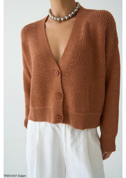 Kadın Düğmeli Standart Beden Kısa Basıc Triko Hırka