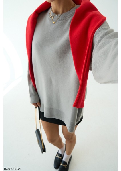 Kadın Bisiklet Yaka Basıc Oversıze Kesim Kazak