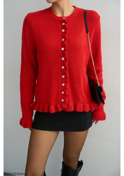 Kadın Fırfır Detaylı Romantik Basıc Düğmeli Triko Hırka