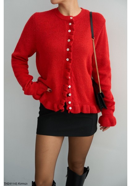 Kadın Fırfır Detaylı Romantik Basıc Düğmeli Triko Hırka modelleri