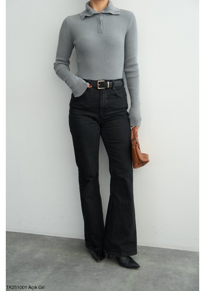 Kadın Erkek Yaka Yarım Fitilli Düğmeli Kışlık Kazak